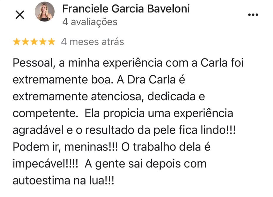 Print da avaliação de Franciele Garcia Baveloni no Google sobre o atendimento da Carla Fiocchetti