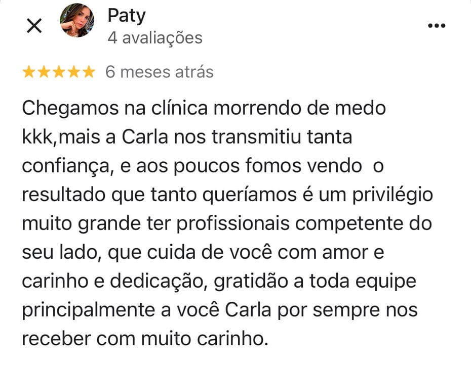 Print da avaliação de Paty no Google sobre o atendimento da Carla Fiocchetti